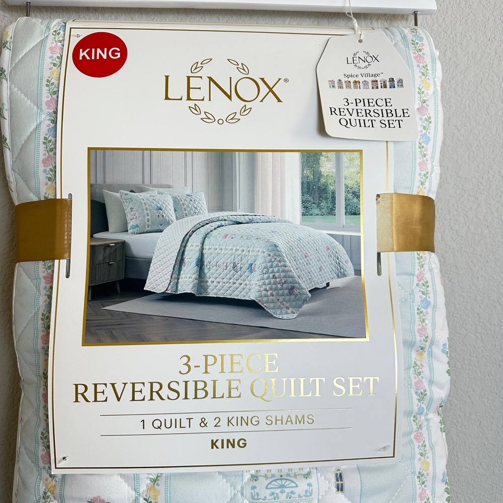 NEW Lenox Spice Village 3-Piece Reversible Quilt Set King Floral House Print - Picture 3 of 14